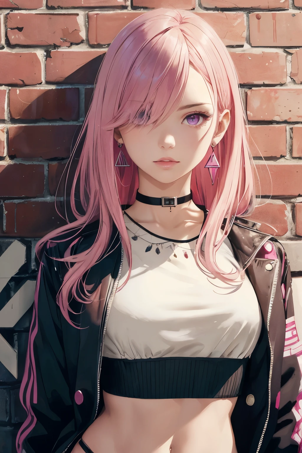 (masterpiece, best quality, 1girl, solo, intricate details, chromatic aberration), realistic, ((medium breath)),long hair, pink hair, red head ornament, pink highlights, hair over one eye,purple eyes, earrings, sharp eyes, choker, neon shirt, open jacket, crop top, (symmetry eyes),(perfect symmetrical body),against wall, brick wall, graffiti, dim lighting, alley ,look at viewer