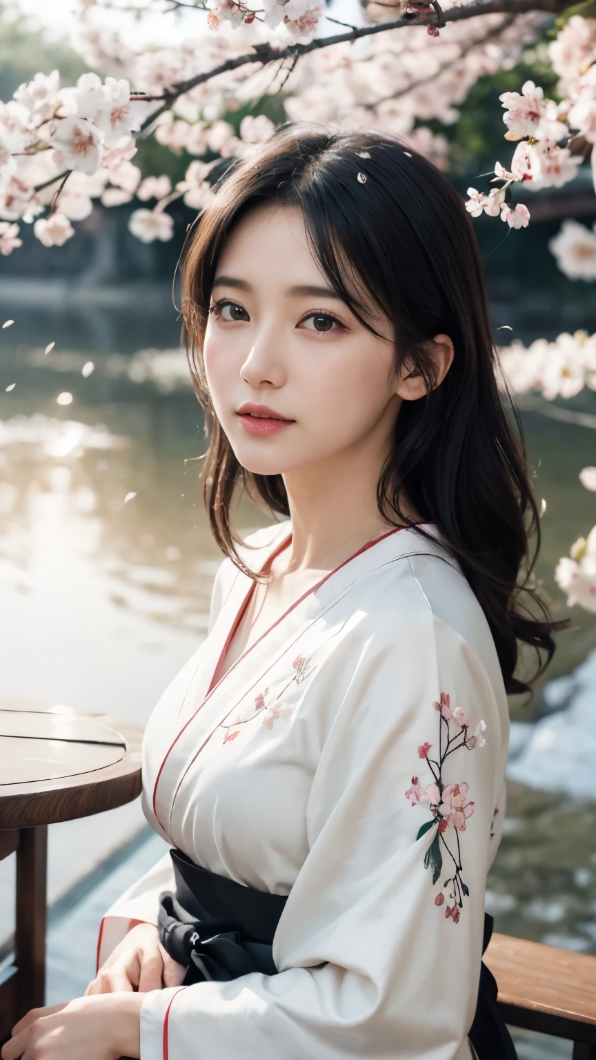 (logo、masterpiece、8k、table top、RAW photo、wonderful、最high quality、Photorealistic and hvery detailed CG integrated 8k wallpaper、high quality、very detailed、Narrative poem、particle effects、dynamic effects、Depth of written boundary、cinematic light、Lens flare、ray tracing)、fantasy、 (1 beautiful woman、white kimono、Japan Dresses、white cherry blossom pattern、White cherry blossom embroidery pattern、black haired、beautiful face、real face、beautiful details eyes beautiful skin)、Hair flutters in Wind、hair bounces、pink cherry tree、petals dance、SakuraFubuki、wonderful景色、sunrise、sun on background、Wind、god々、teeth、god話、vast land