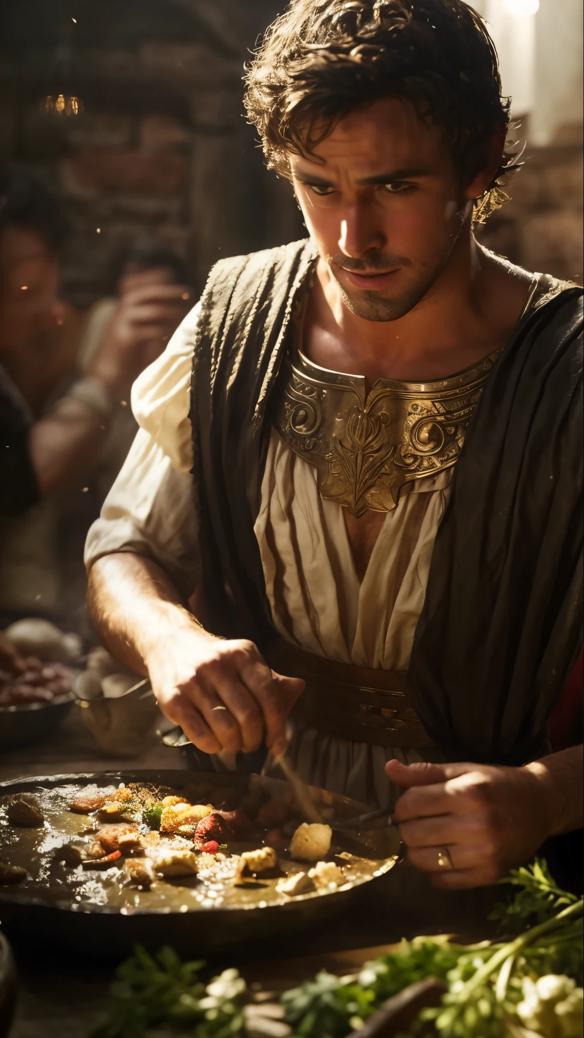 arafed man in medieval dress preparing food in a restaurant, as a greek god, cinematic detail, detailed cinematic shot, dressed in roman clothes, cinematic close shot, epic cinematic still, ryan gosling as roman statue, cinematic contrasted lighting, handsome, still from a live action movie, detailed cinematic render, movie screen shot, maximus jacobs