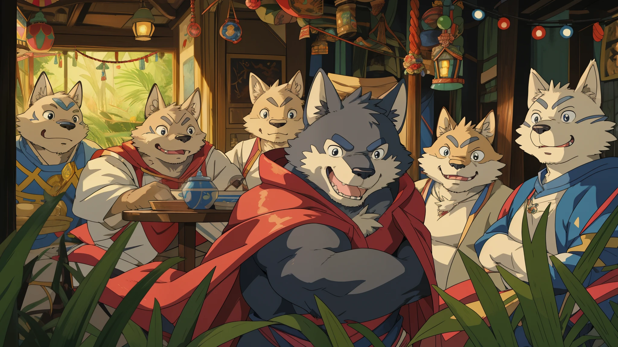 (dynamic pose:1.6), (ultra detailed), sharp focus, niji, eyesgod, furry, (gray-black fur:1.5), white beard, anthro (wolf), male, middle-aged, white belly, tail, muscular, ((knight costume, long red cherry cloak)), ultra detailed face, high details, high quality, (best quality,4k,8k,highres,masterpiece:1.2),vivid colors, (close up:1.2), by takemoto arashi, by kamyuel, by milkytiger1145, by 69panda,dynamic lighting,(enchanted detail of colors), 8k wallpaper, anime illustration style, (studio ghibli style:1.5), soft lighting, positive vibes, (((cute))), 6+boys, detailed, adventure story, journey of them, (selfie:0.2), looking the viewer, (groupshot:0.5), at forest, (cheering up), laughing, happy, joyful