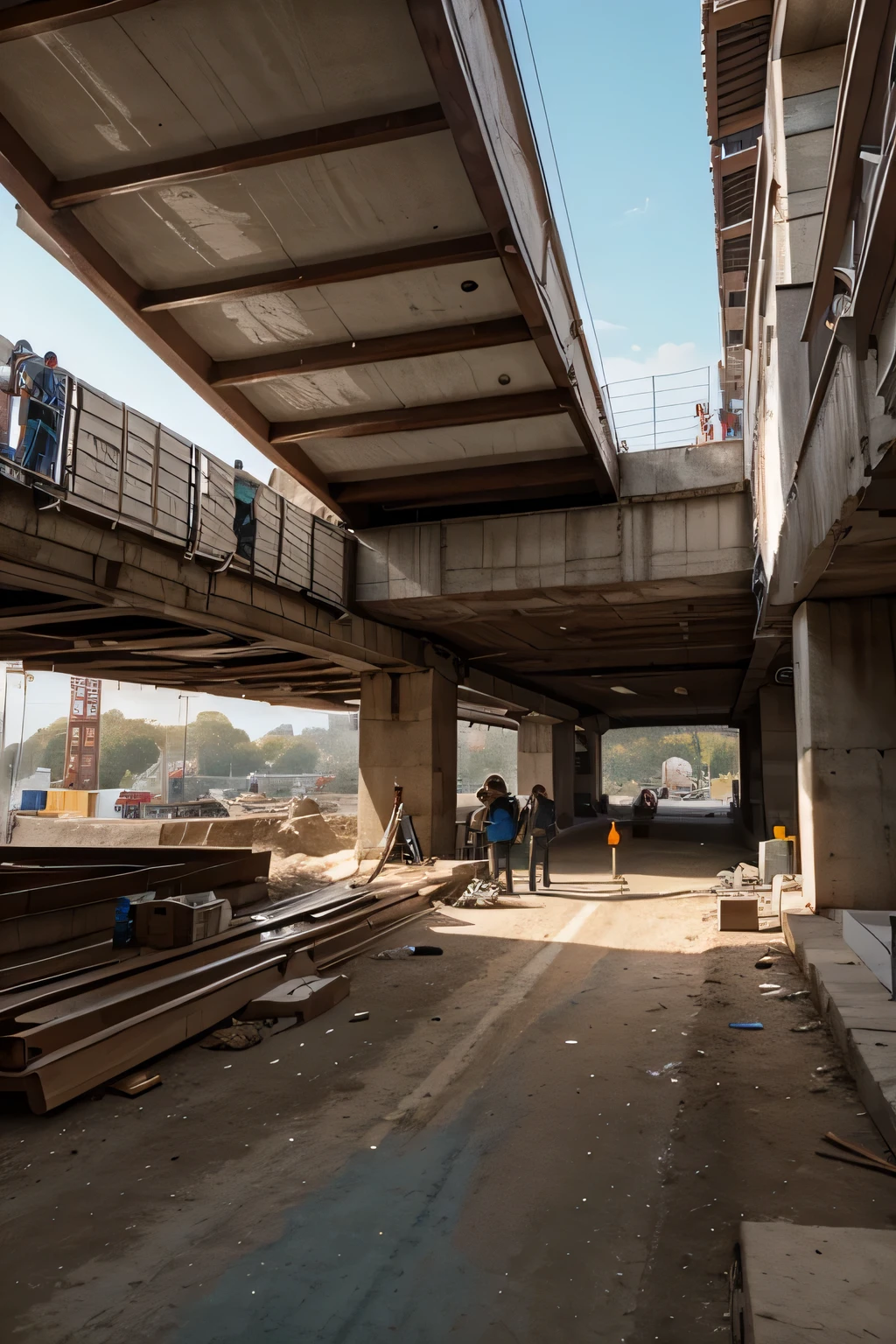 crea una imagen de constructores trabajando en un puente