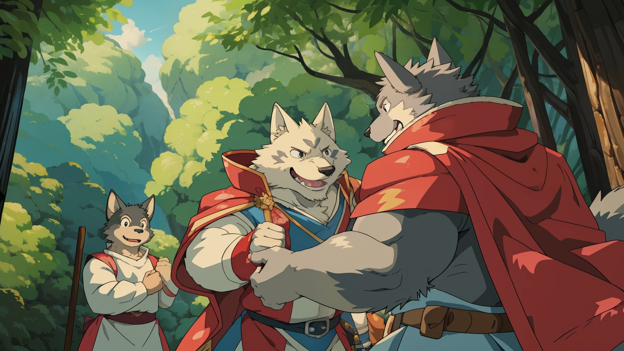 (dynamic pose:1.6), (ultra detailed), sharp focus, niji, eyesgod, furry, (gray-black fur:1.5), white beard, anthro (wolf), male, middle-aged, white belly, tail, muscular, ((knight costume, long red cherry cloak)), ultra detailed face, high details, high quality, (best quality,4k,8k,highres,masterpiece:1.2),vivid colors, (close up:1.2), by takemoto arashi, by kamyuel, by milkytiger1145, by 69panda,dynamic lighting,(enchanted detail of colors), 8k wallpaper, anime illustration style, (studio ghibli style:1.5), soft lighting, positive vibes, (((cute))), 6+boys, detailed, adventure story, journey of them, (selfie:0.2), looking the viewer, (groupshot:0.5), at forest, (cheering up), laughing, happy, joyful