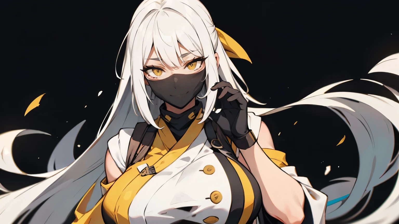 A tall, large-breasted woman is smiling at the camera and using her hands to remove a black mask. White hair, yellow eyes, wearing a white ninja outfit with blood stains, holding a gun.