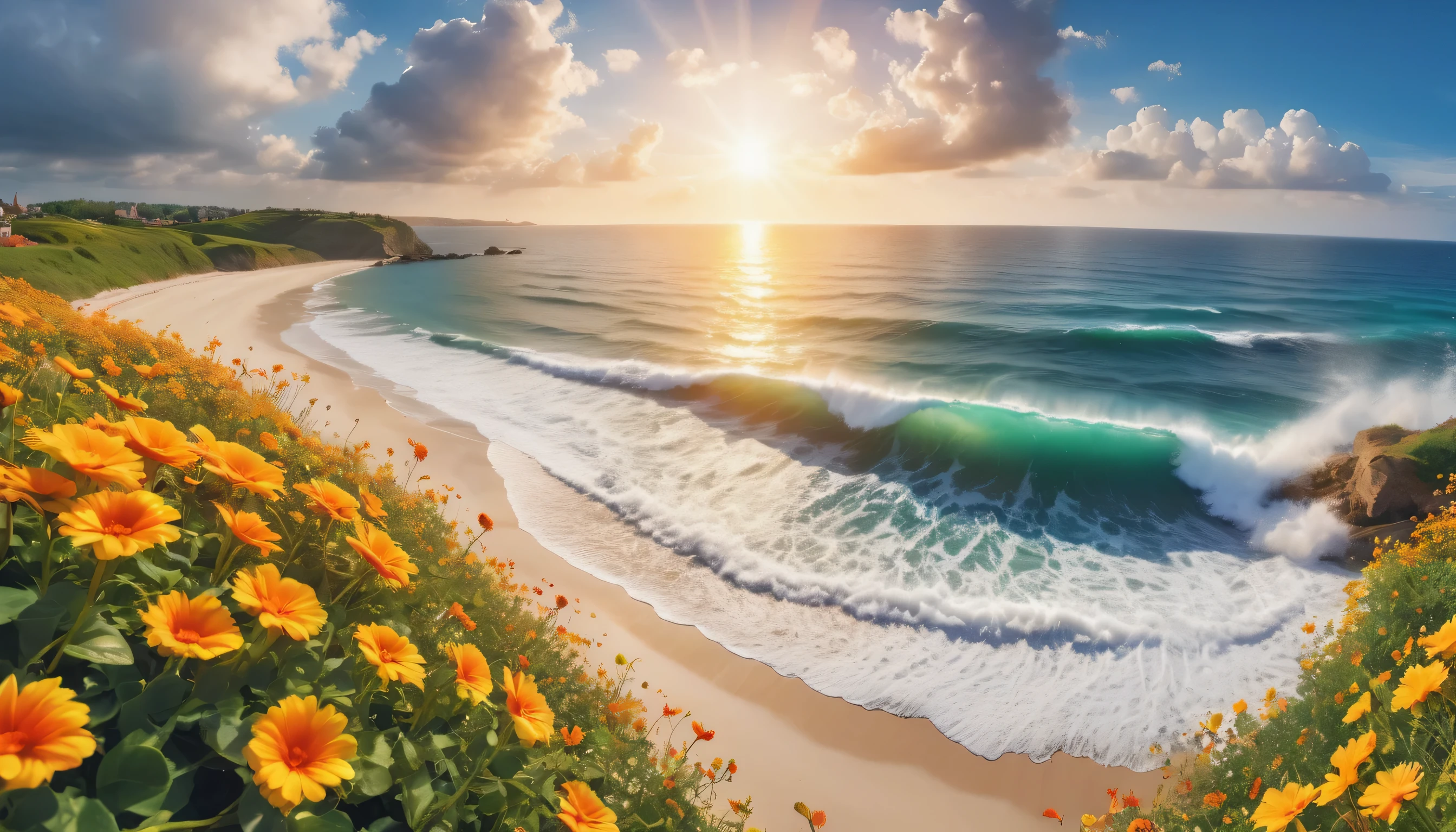 The background of the picture is peaceful by the sea, and the sun was shining brightly, The waves crash against the beach, Flowers bloom on the beach, Melodious sound, Strange clouds stand out, first-person view, panorama, UHD,(Best Quality),(Masterpiece Photos), (Details:1.4),(8k Highly Detailed)(Best Quality),(Best Shading)