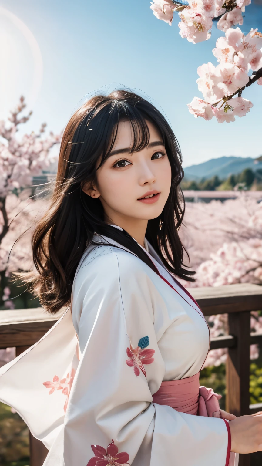 (logo、masterpiece、8k、table top、RAW photo、wonderful、最high quality、Photorealistic and hvery detailed CG integrated 8k wallpaper、high quality、very detailed、Narrative poem、particle effects、dynamic effects、Depth of written boundary、cinematic light、Lens flare、ray tracing)、fantasy、 (1 beautiful woman、white kimono、Japan Dresses、white cherry blossom pattern、White cherry blossom embroidery pattern、black haired、beautiful face、real face、beautiful details eyes beautiful skin)、Hair flutters in Wind、hair bounces、pink cherry tree、petals dance、SakuraFubuki、wonderful景色、sunrise、sun on background、Wind、god々、teeth、god話、vast land