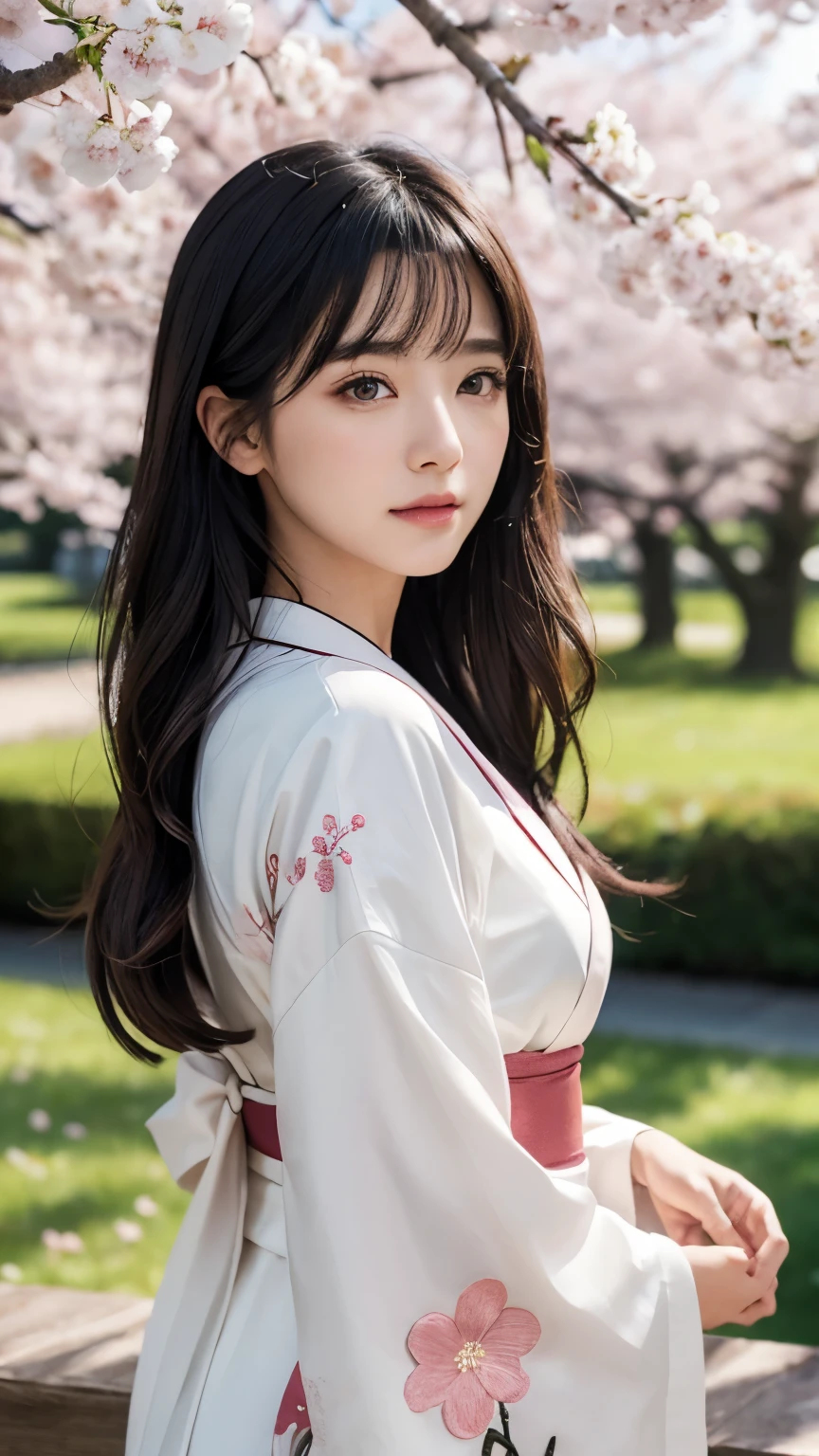 (logo、masterpiece、8k、table top、RAW photo、wonderful、最high quality、Photorealistic and hvery detailed CG integrated 8k wallpaper、high quality、very detailed、Narrative poem、particle effects、dynamic effects、Depth of written boundary、cinematic light、Lens flare、ray tracing)、fantasy、 (1 beautiful woman、white kimono、Japan Dresses、white cherry blossom pattern、White cherry blossom embroidery pattern、black haired、beautiful face、real face、beautiful details eyes beautiful skin)、Hair flutters in Wind、hair bounces、pink cherry tree、petals dance、SakuraFubuki、wonderful景色、sunrise、sun on background、Wind、god々、teeth、god話、vast land