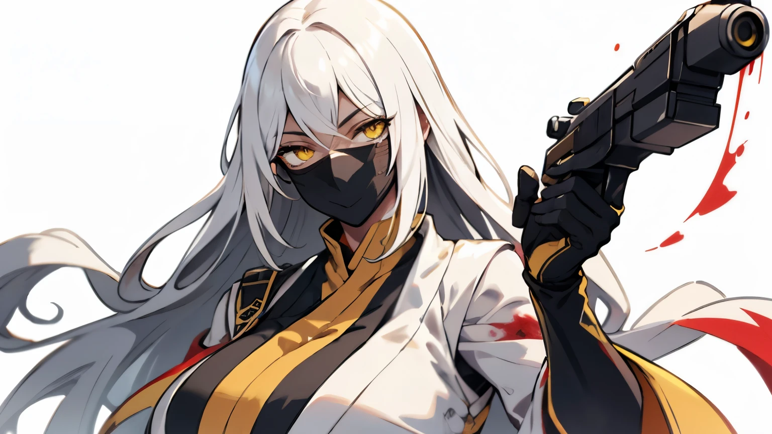 (best quality,highres),tall woman with a big bust smiling towards the camera, removing a black mask with her white hair and yellow eyes, dressed in a white ninja costume with blood stains, holding a gun
