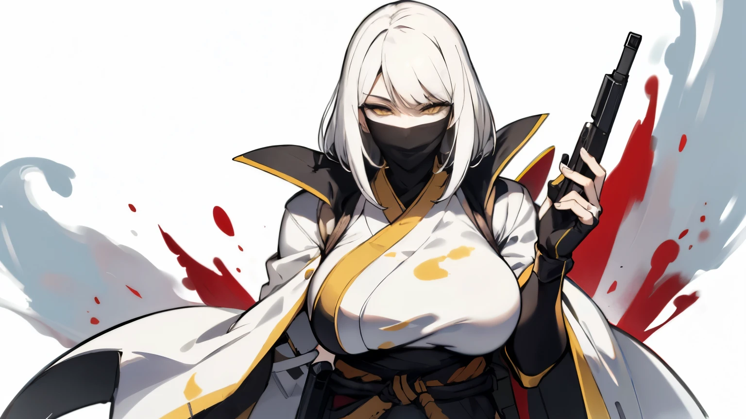 (best quality,highres),tall woman with a big bust smiling towards the camera, removing a black mask with her white hair and yellow eyes, dressed in a white ninja costume with blood stains, holding a gun