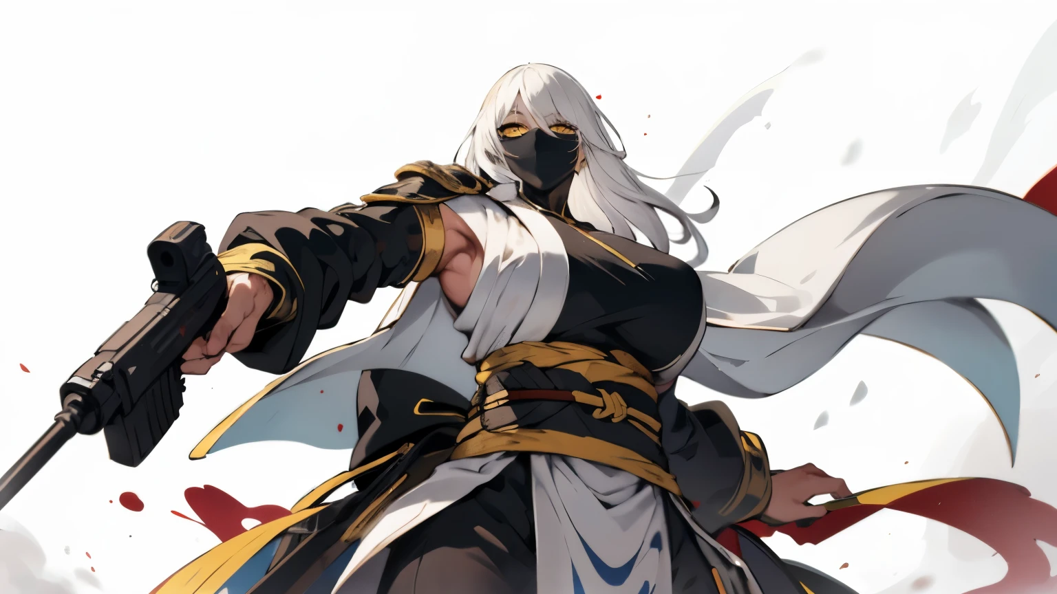 (best quality,highres),tall woman with a big bust smiling towards the camera, removing a black mask with her white hair and yellow eyes, dressed in a white ninja costume with blood stains, holding a gun
