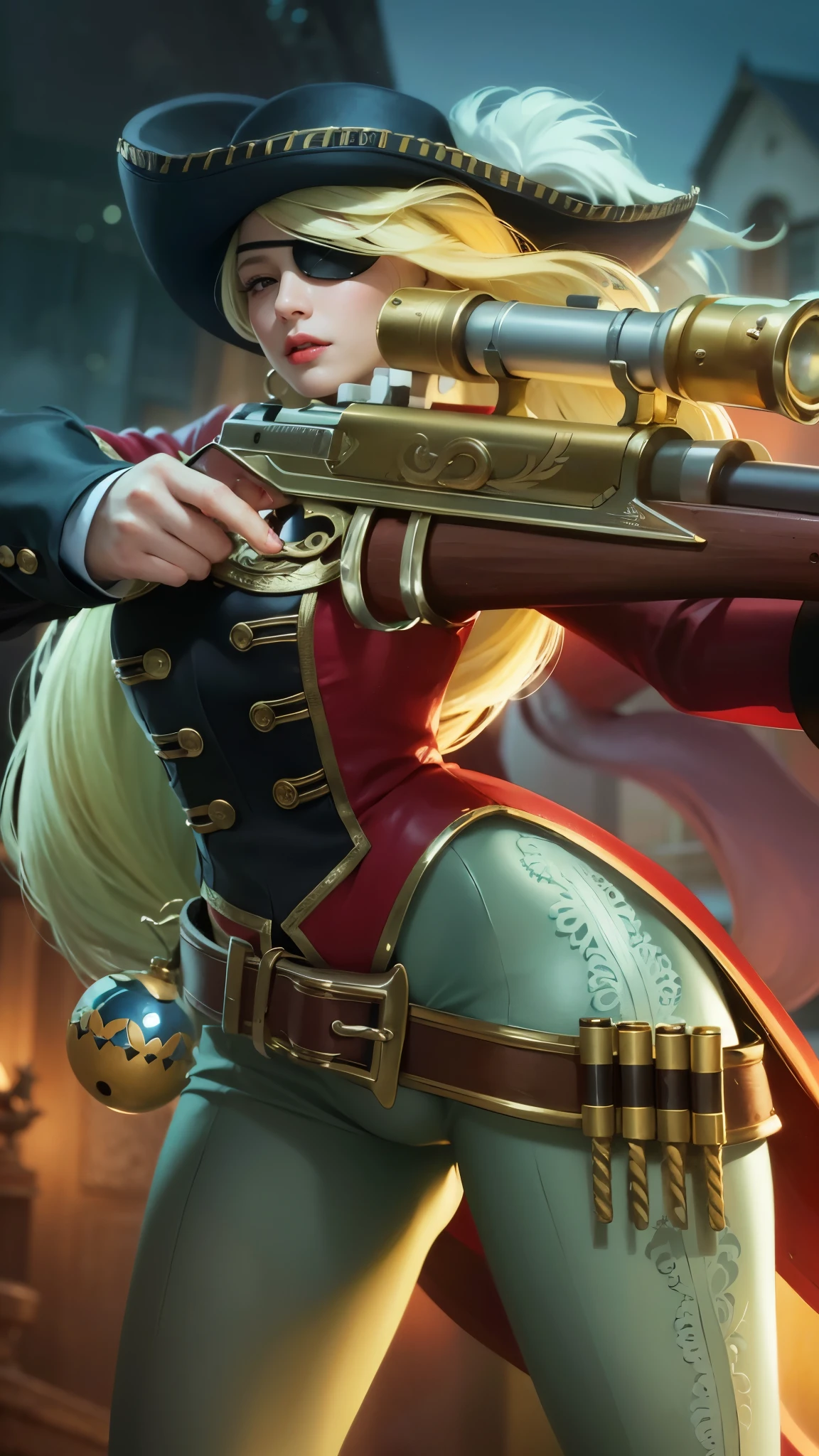 a close up of a woman with a gun in her hand, blonde long hair, red lips glossy, 8k, ultra hd, ultra detailed texture, hyper realistic, masterpiece, detailed texture, detailed face, detailed skin, detailed lighting, (photorealistic:1.5), best quality, beautiful lighting, cinematic lighting, professional lighting, ultra highres, realistic, detailed hair, real hair, high quality, (realskin:1.5), extremely detailed, finely detail, ultra-detailed, braids, eye patch, left eyepatch,