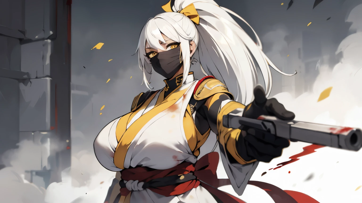 (best quality,highres),tall woman with a big bust smiling towards the camera, removing a black mask with her white hair and yellow eyes, dressed in a white ninja costume with blood stains, holding a gun
