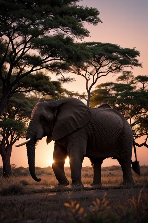 An African elephant in the bush, The largest land mammal strolls quietly through the African bush, in search of food and water. The leaves and branches of the trees offer interesting shapes and textures, while birds sing in the branches. The colors of dusk are reflected on the elephant's rough skin, creating pink and orange reflections. Image format 4096 x 2304 pixels.