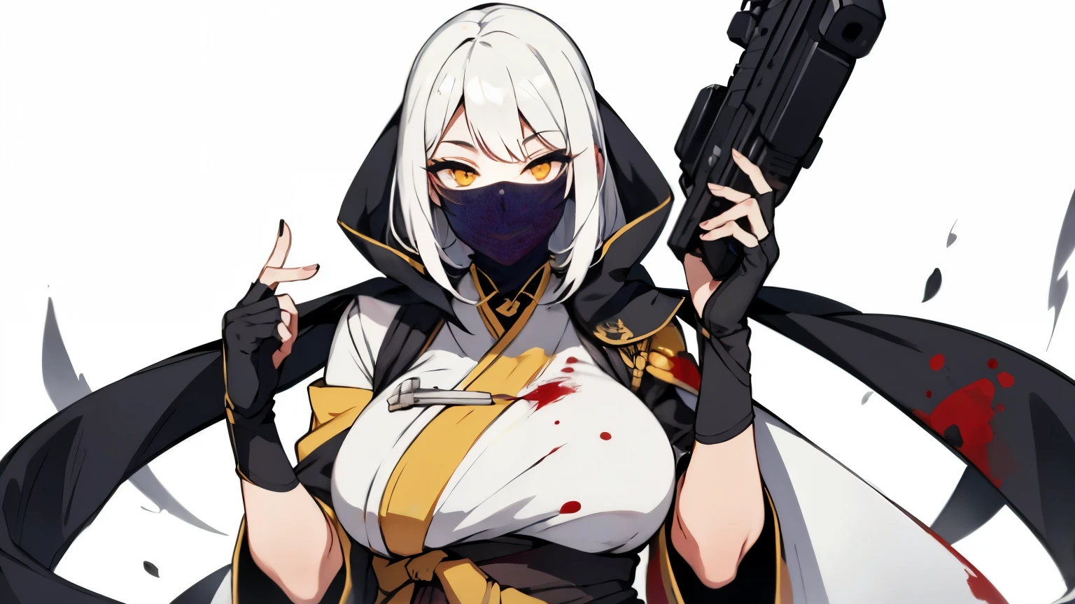 (best quality,highres),tall woman with a big bust smiling towards the camera, removing a black mask with her white hair and yellow eyes, dressed in a white ninja costume with blood stains, holding a gun