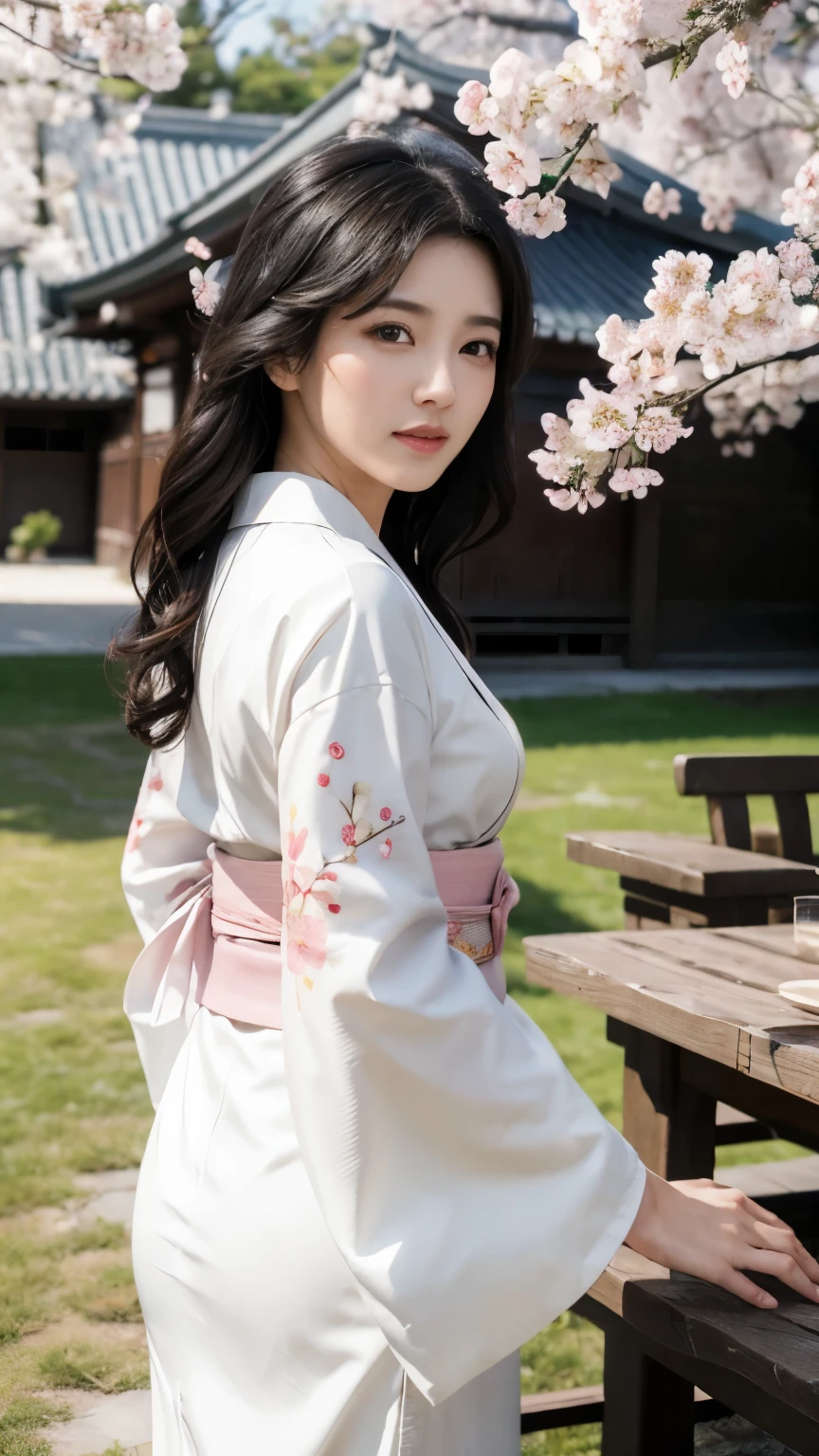 (logo、masterpiece、8k、table top、RAW photo、wonderful、最high quality、Photorealistic and hvery detailed CG integrated 8k wallpaper、high quality、very detailed、Narrative poem、particle effects、dynamic effects、Depth of written boundary、cinematic light、Lens flare、ray tracing)、fantasy、 (1 beautiful woman、white kimono、Japan Dresses、white cherry blossom pattern、White cherry blossom embroidery pattern、black haired、beautiful face、real face、beautiful details eyes beautiful skin)、Hair flutters in Wind、hair bounces、pink cherry tree、petals dance、SakuraFubuki、wonderful景色、sunrise、sun on background、Wind、god々、teeth、god話、vast land