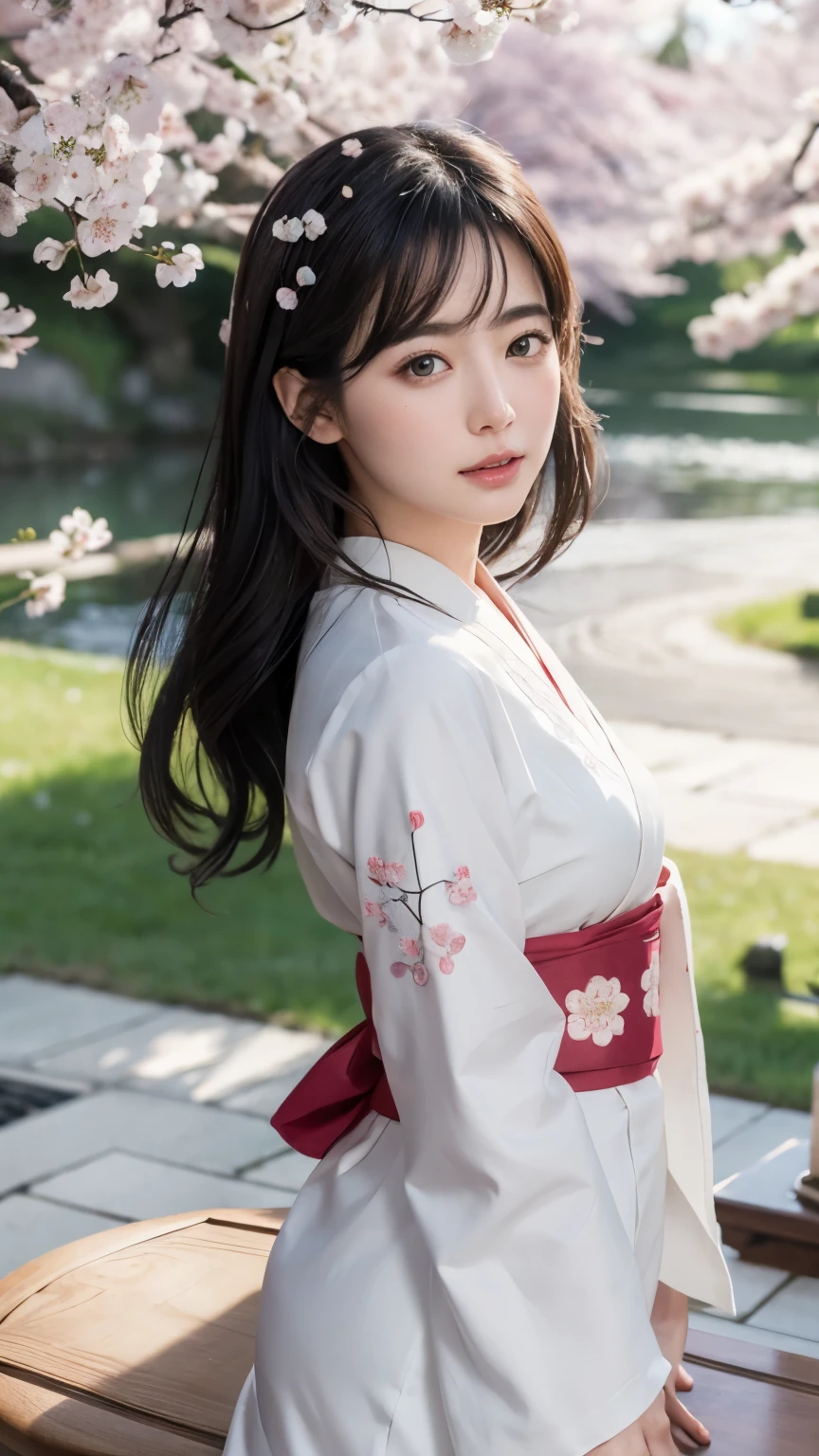 (logo、masterpiece、8k、table top、RAW photo、wonderful、最high quality、Photorealistic and hvery detailed CG integrated 8k wallpaper、high quality、very detailed、Narrative poem、particle effects、dynamic effects、Depth of written boundary、cinematic light、Lens flare、ray tracing)、fantasy、 (1 beautiful woman、white kimono、Japan Dresses、white cherry blossom pattern、White cherry blossom embroidery pattern、black haired、beautiful face、real face、beautiful details eyes beautiful skin)、Hair flutters in Wind、hair bounces、pink cherry tree、petals dance、SakuraFubuki、wonderful景色、sunrise、sun on background、Wind、god々、teeth、god話、vast land