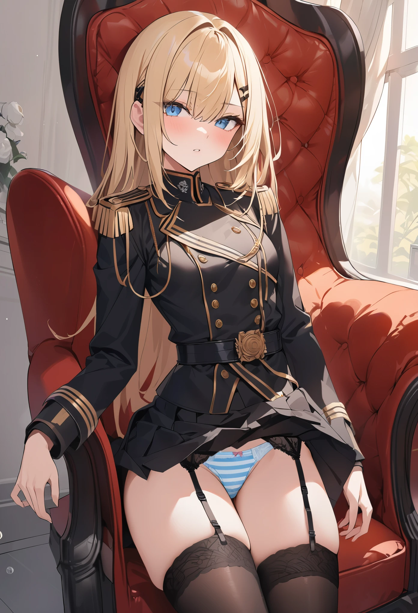 highest quality, expensive_solve, clear_image, Blonde, straight, blue eyes, black long-sleeved military uniform, garter belt, high socks, black hairpin, striped panties, skirt