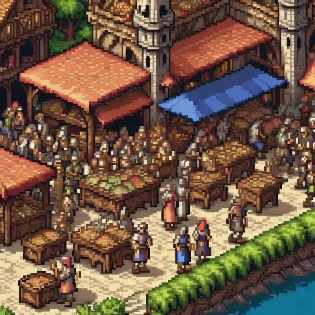 Pixel Art, Pixel art scene of a bustling medieval market, vibrant stalls, lively characters, realistic textures, attention to detail in every pixel, reminiscent of classic 16-bit RPG games, taken with a Nikon D3, Focal length 35mm HD 2D Pixel Art :: Pixel style :: Pixels