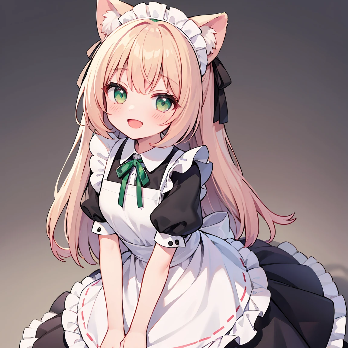 highres,best quality, 1girl, :d, animal ears, apron, black dress, gree hair, blush, dress, frilled apron, frills, looking at viewer, maid, maid apron, maid headdress, neck ribbon, open mouth, puffy short sleeves, puffy sleeves, green eyes, red ribbon, ribbon, short sleeves, smile, solo,long hair