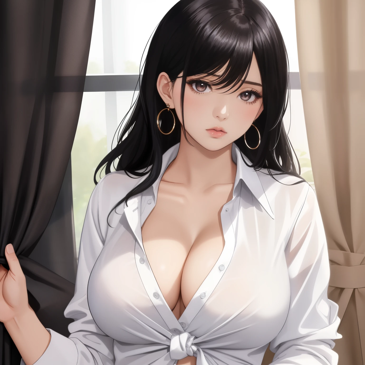 1girl, black_hair, breasts, cleavage, curtains, earrings, front-tie_top, jewelry, large_breasts, lips, looking_at_viewer, shirt, solo, tied_shirt, upper_body, white_shirt