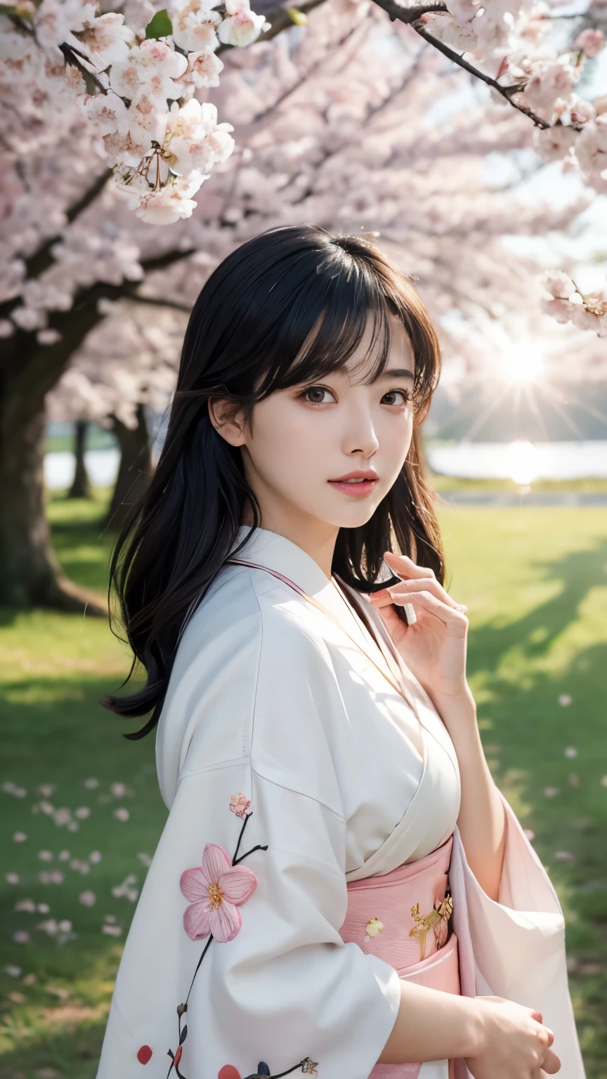 (logo、masterpiece、8k、table top、RAW photo、wonderful、最high quality、Photorealistic and hvery detailed CG integrated 8k wallpaper、high quality、very detailed、Narrative poem、particle effects、dynamic effects、Depth of written boundary、cinematic light、Lens flare、ray tracing)、fantasy、 (1 beautiful woman、white kimono、Japan Dresses、white cherry blossom pattern、White cherry blossom embroidery pattern、black haired、beautiful face、real face、beautiful details eyes beautiful skin)、Hair flutters in Wind、hair bounces、pink cherry tree、petals dance、SakuraFubuki、wonderful景色、sunrise、sun on background、Wind、god々、teeth、god話、vast land