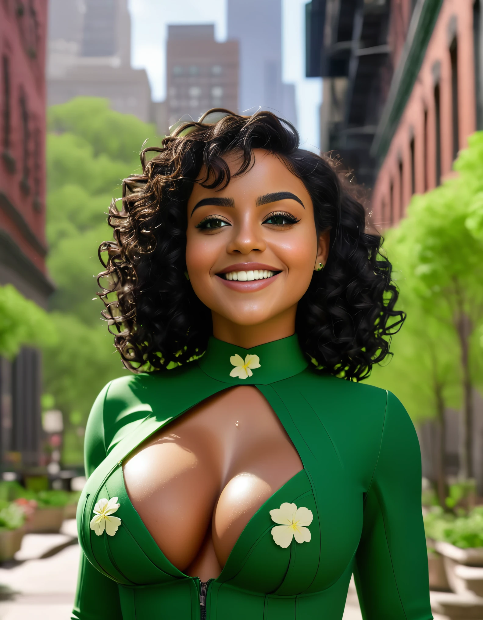 Realistic portrayal:1.2, photorealistic, 8k, full body, brown skin Latino wearing green fitted clothing, has medium sized breasts, extra long slightly wavy curly black hair, emerald green eyes, four leaf clovers falling; smiling, green studio backlight thick curvy body type, seductive poses, different outside New York park locations, wide-angle shot,