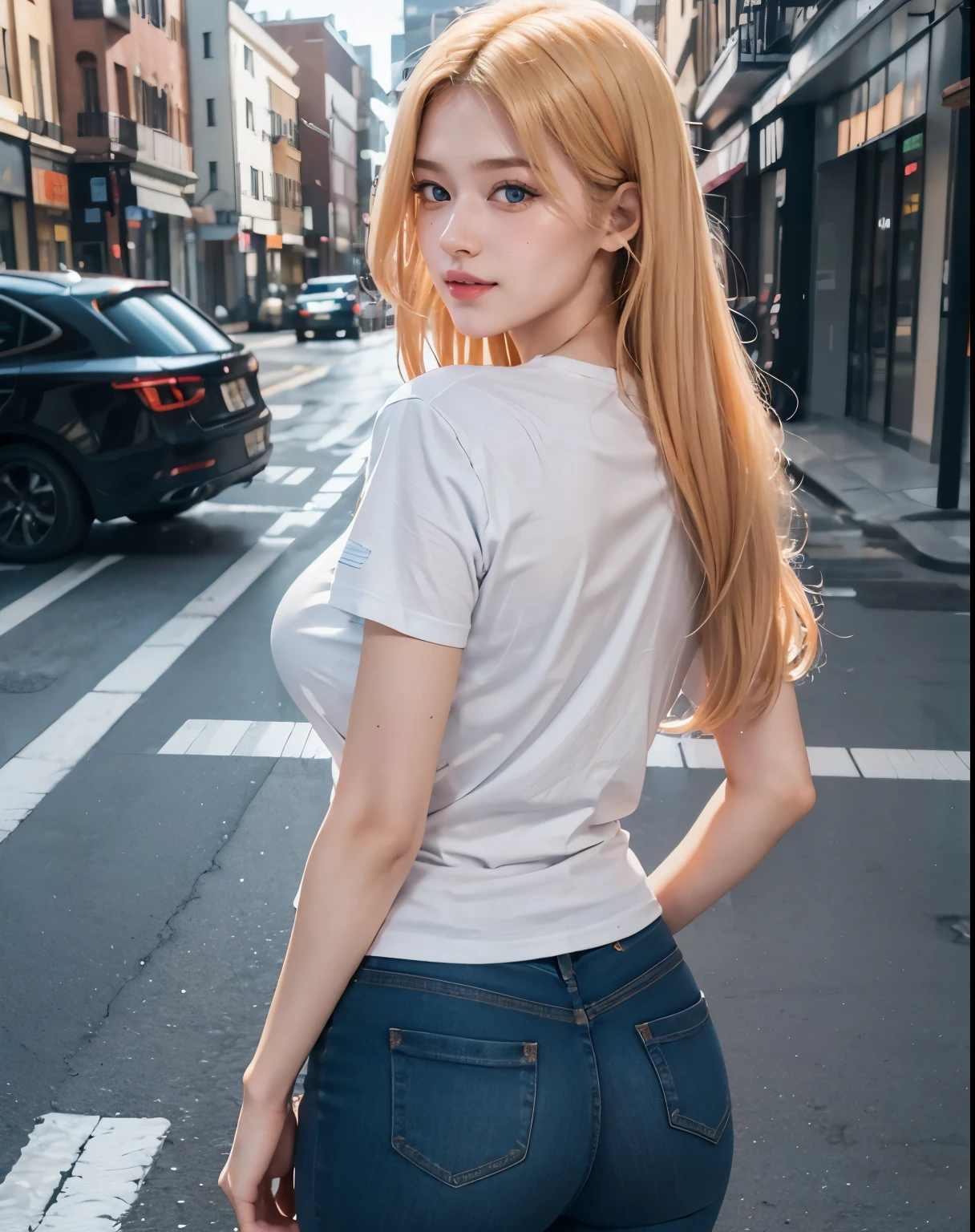 1girl, (Blue Eyes), (smiling), (Sana Minatozaki), wide hips, Big tits, big ass, (Best Quality, 8k, Masterpiece: 1.3), Clear Focus: 1.2, Perfect Body Beauty: 1.4, Highly detailed face and skin texture, detailed eyes, double eyelids, (blond long hair :1.2), (Orange T-shirt :1.3), (skinny jeans), standing, looking back, view from back, big buttocks :1.2, in a street, sakura