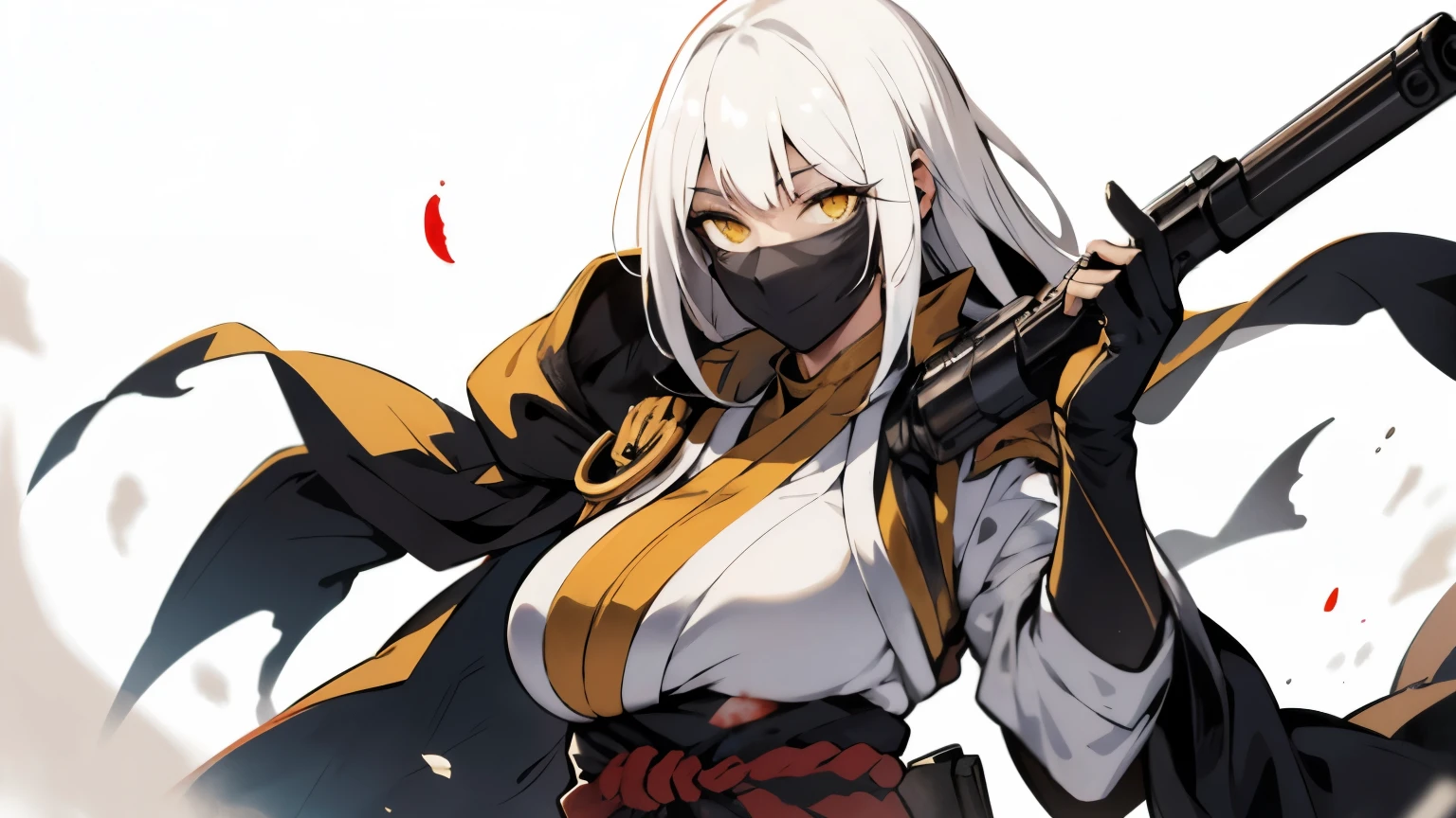 (best quality,highres),tall woman with a big bust smiling towards the camera, removing a black mask with her white hair and yellow eyes, dressed in a white ninja costume with blood stains, holding a gun