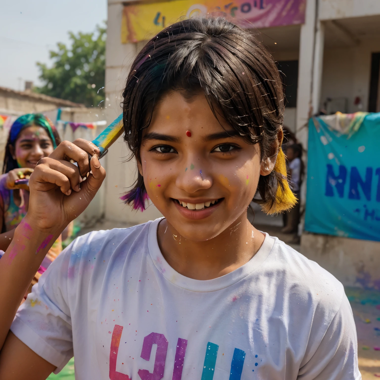 create a high quality realistic 3d image, where a 20 year old Smiling boy playing Holi holding watergun and splashing color water enjoying ,wearing white Tshirt on which Name pawan"is written in bold letters. In the background, there are many people and children playing Holi with enthusiasm, Holi like environment around, image with 4k resolution, ultra realistic image, the words "Happy Holi" is written with color letters at top sky.