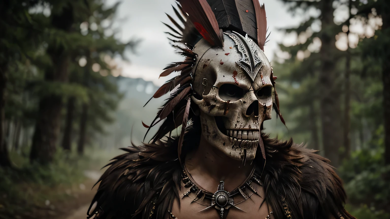(photo RAW),Evil angry bloody Mohawk shaman man (skull helmet) with plumage, look to camera , (skin texture:1.1),masterpiece, top quality, best quality, official art,highest detailed,depth of field,bokeh,realistic natural lighting,complex, multiple subjects, 4k HDR