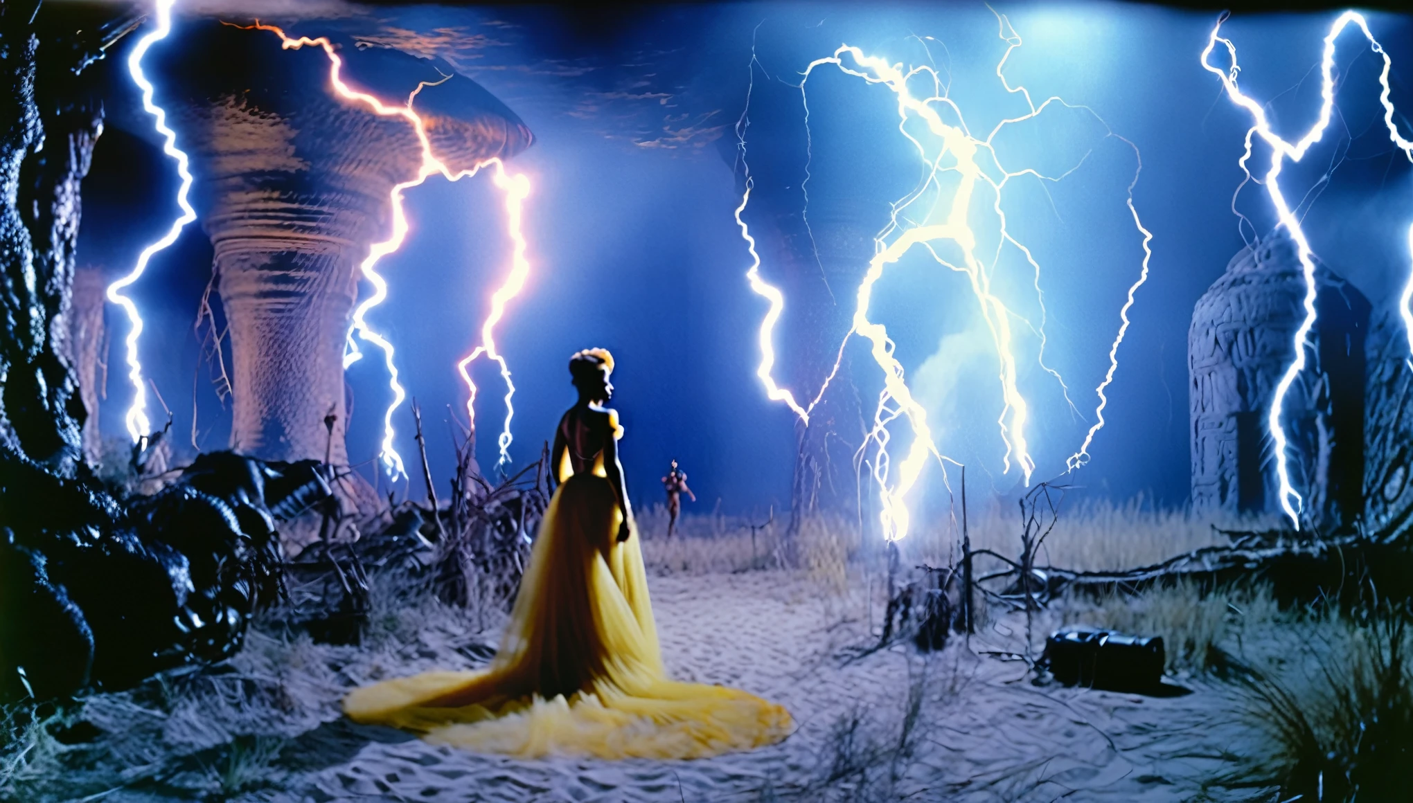An African Queen with shinning lightning around her,, visually stunning panoramic color film still 1968, eldritch, intricate and hyperdetailed, supernatural gay sci-fi horror by Andrei Tarkovsky, beautiful moody lighting, ominous, 16k resolution