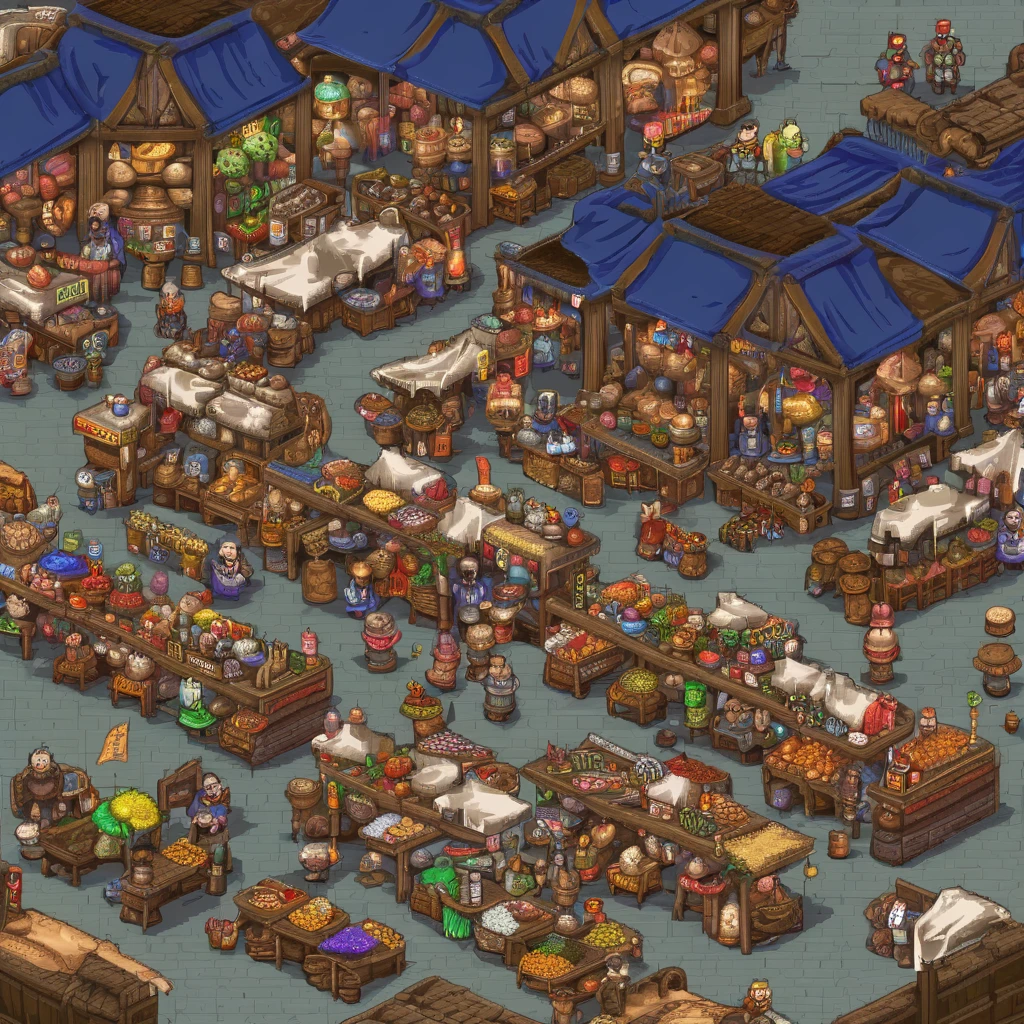 Pixel Art, Pixel art scene of a bustling medieval market, vibrant stalls, lively characters, realistic textures, attention to detail in every pixel, reminiscent of classic 16-bit RPG games, taken with a Nikon D3, Focal length 35mm HD 2D Pixel Art :: Pixel style :: Pixels