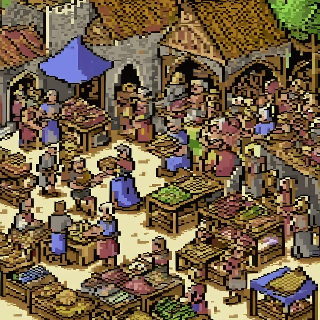 Pixel Art, Pixel art scene of a bustling medieval market, vibrant stalls, lively characters, realistic textures, attention to detail in every pixel, reminiscent of classic 16-bit RPG games, taken with a Nikon D3, Focal length 35mm HD 2D Pixel Art :: Pixel style :: Pixels