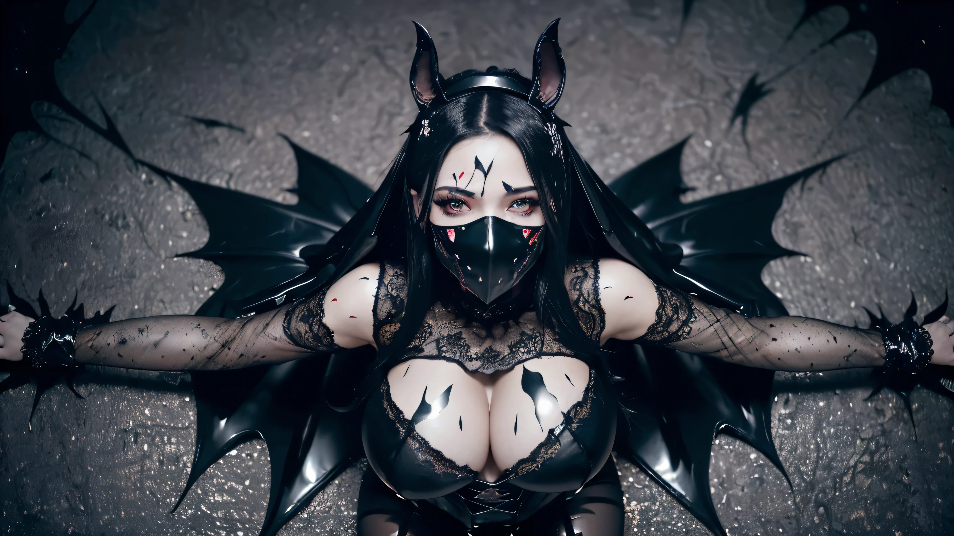 ((best quality)), ((masterpiece)), 8k, (detailed), perfect face, (((Big tits ))), hot young busty girl, black lava outfit, stocking, black latex slime, beautyful face, (( long length hair)), ((detailed eyes)), lightning in the background, ((dark horror castle in the background, ((lace thigh fix), garter belts (((the clothes melt off her))), (((black paint splattered on it))), (flying dragon in a background), red damaged corset, ((her clothes were torn in several places))), latex lingerie, (nun costume), venom, black dark venom, ((red lacy brassiere)), perfect detailed, ((((it is photographed from above)))), red latex, erotic pose, big tits, long white hair, detailed eyes, ((from above)), (((she push her out))), , from below, (wearing a black venom mask), (black bunny), black veil, ((BIG BOOBIES)), dark angel