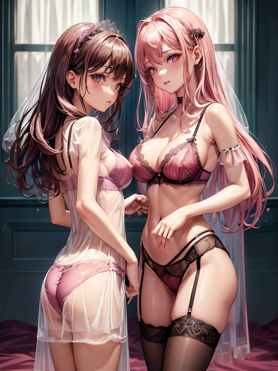 ((2 girls)), ((highest quality)), (super detailed), (very detailed CG 統合 8k 壁紙), very detailed, High-definition RAW color photo, professional photography, slender body, ((beautiful big breasts)), ((bare chest)), (pink hair ornament), peanut butter brown hair, wonderful face and eyes, pink eyes, (amazingly beautiful girl), School, (see-through sheer micro bra:1.6), (Shiny dark pink satin lace panties:1.3), (Shiny dark pink satin lace panties:1.3)、panties that cover the butt、garter belt、camel toe, erect nipples、knee high socky back is turned、showing your butt、Angle from the back