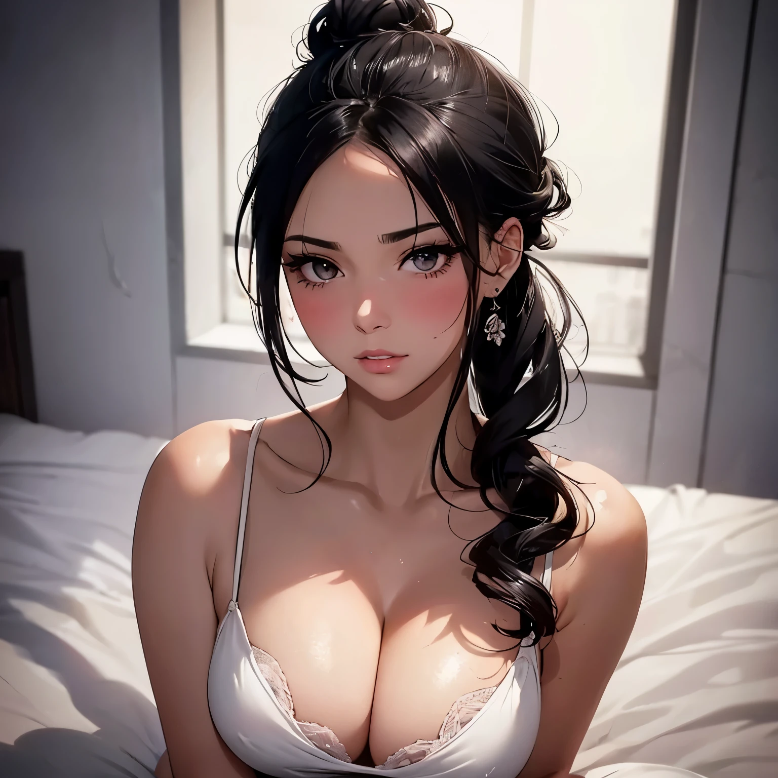 Sexy woman, black hair tied in a bun, seductive gaze, blushing intensely, parted lips, flustered, lustful, fairest skin, soft lips, medium chest, cleavage, white dress, bare shoulders