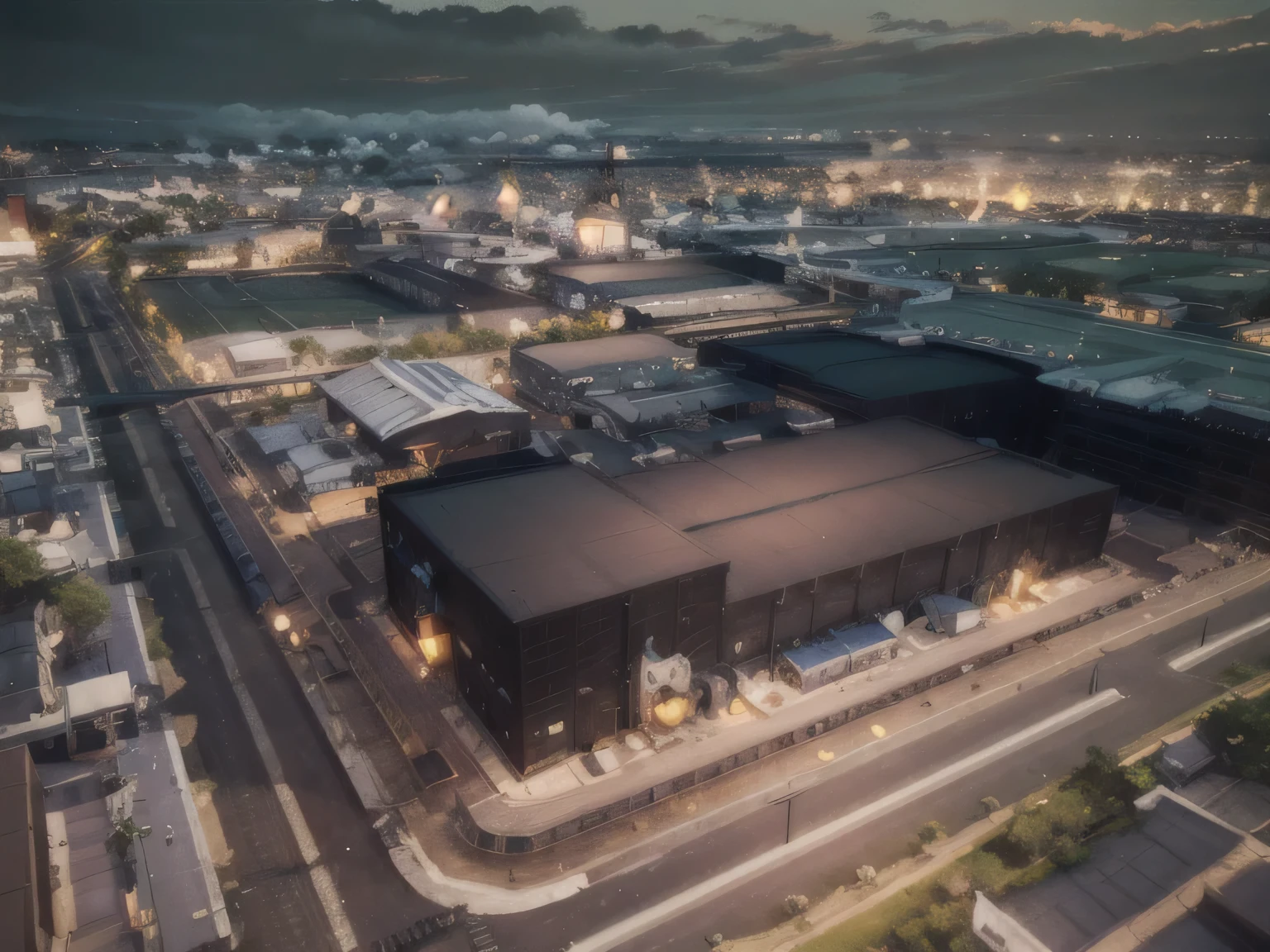 aerial view of a factory with a large building and a green field, photo taken from above, ariel view, aerial shot, huge factories, wide aerial shot, hi - res, hi-res, seen from straight above, industrial surrounding, full image, view from above, introduction factory photo, photograph from above, view from slightly above, futuristic production facility