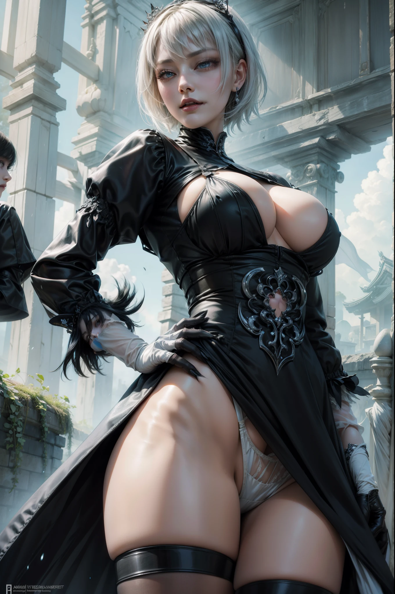 ((Full body photo)), Fatal Frame Crimson butterfly, a woman and a ghost/zombie, she is wearing a black maid outfit with white parts, extremely tight in the body, half ripped in the body, with a maid headdress on her head, has eyes green, long black hair, her clothes are wet and semi transparent, she is looking at the viewer with a smile. The ghost is a woman with short white hair, blue eyes, is behind her in a white semi-transparent costume, has large breasts and tight clothes on her body holding her from behind, they are in a macabre ancient Japanese village at night with light rain and strong wind, Fatal Frame Crimson butterfly, anime, Terror, 16k, best quality, highres, high details, UHD, masterpiece