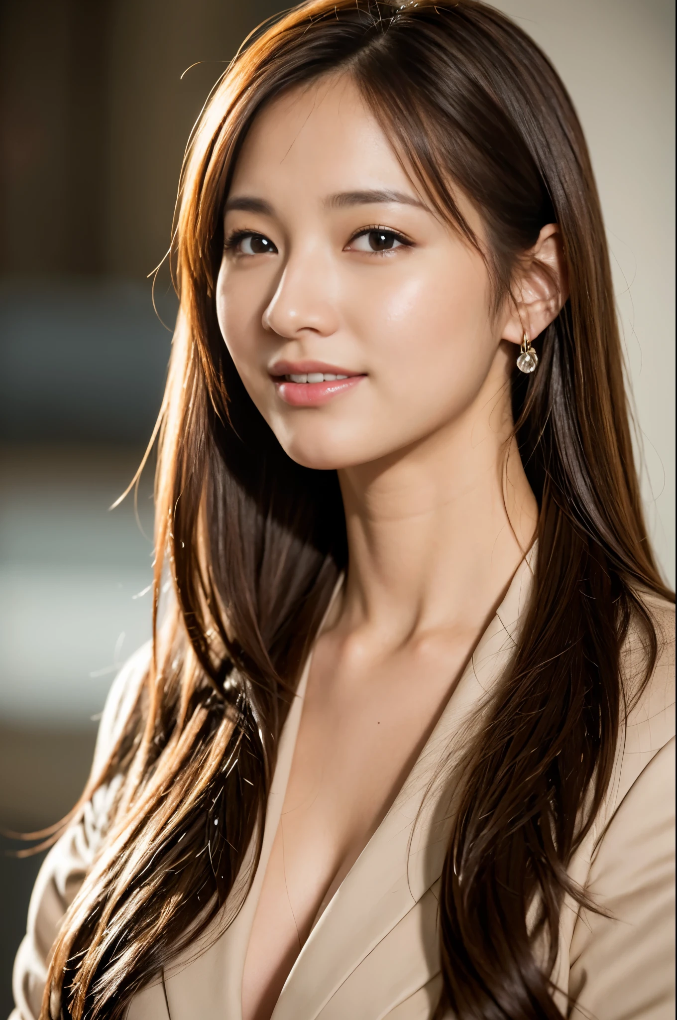 highest quality, realistic, Super detailed, finely, High resolution, 8k wallpaper, 1 beautiful woman,, light brown messy hair, wearing a business suit, sharp focus, perfect dynamic composition, detailed and beautiful eyes, fine hair, Detailed and realistic skin texture, smile, model body shape、
