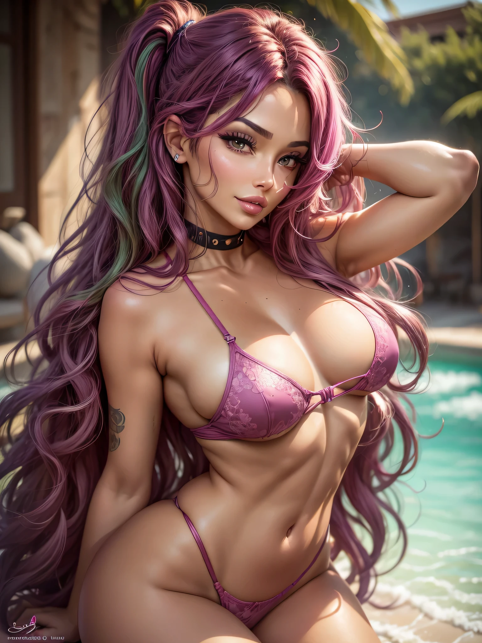 31 years old, Latina, Latina Woman, mature face, ((magenta eyes)), (beautiful detailed eyes:1.05), (small breats:1.45), curvy body, beautiful and delicate mature face, (face detail), ((realistic face)), pores, ((tanned skin)), detailed skin, realistic skin, ((shiny skin)), long hair, wavy hair, ((naked)), (tanned Skin:1.4), blush, cleavage, glowing aura, natural light, masterpiece, glossy skin, juicy lips, cute, kawaii, adorable, reaching up, adult, cuddle, kawaii clothes, random hair style, sexy, hot, random expression, magenta hair, ((green highlights in hair)), magenta eyes, bonfie, smirk, cleavage, bright magenta eyes, cowboy shot, full body shot