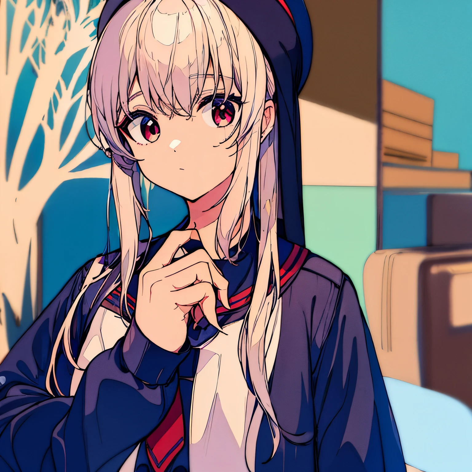 Chico, cabello blanco, ojos carmesi, uniforme de estudiante