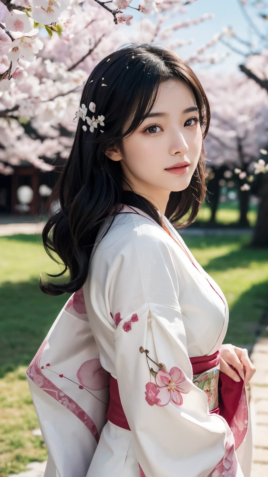 (logo、masterpiece、8k、table top、RAW photo、wonderful、最high quality、Photorealistic and hvery detailed CG integrated 8k wallpaper、high quality、very detailed、Narrative poem、particle effects、dynamic effects、Depth of written boundary、cinematic light、Lens flare、ray tracing)、fantasy、 (1 beautiful woman、white kimono、Japan Dresses、white cherry blossom pattern、White cherry blossom embroidery pattern、black haired、beautiful face、real face、beautiful details eyes beautiful skin)、Hair flutters in Wind、hair bounces、pink cherry tree、petals dance、SakuraFubuki、wonderful景色、sunrise、sun on background、Wind、god々、teeth、god話、vast land