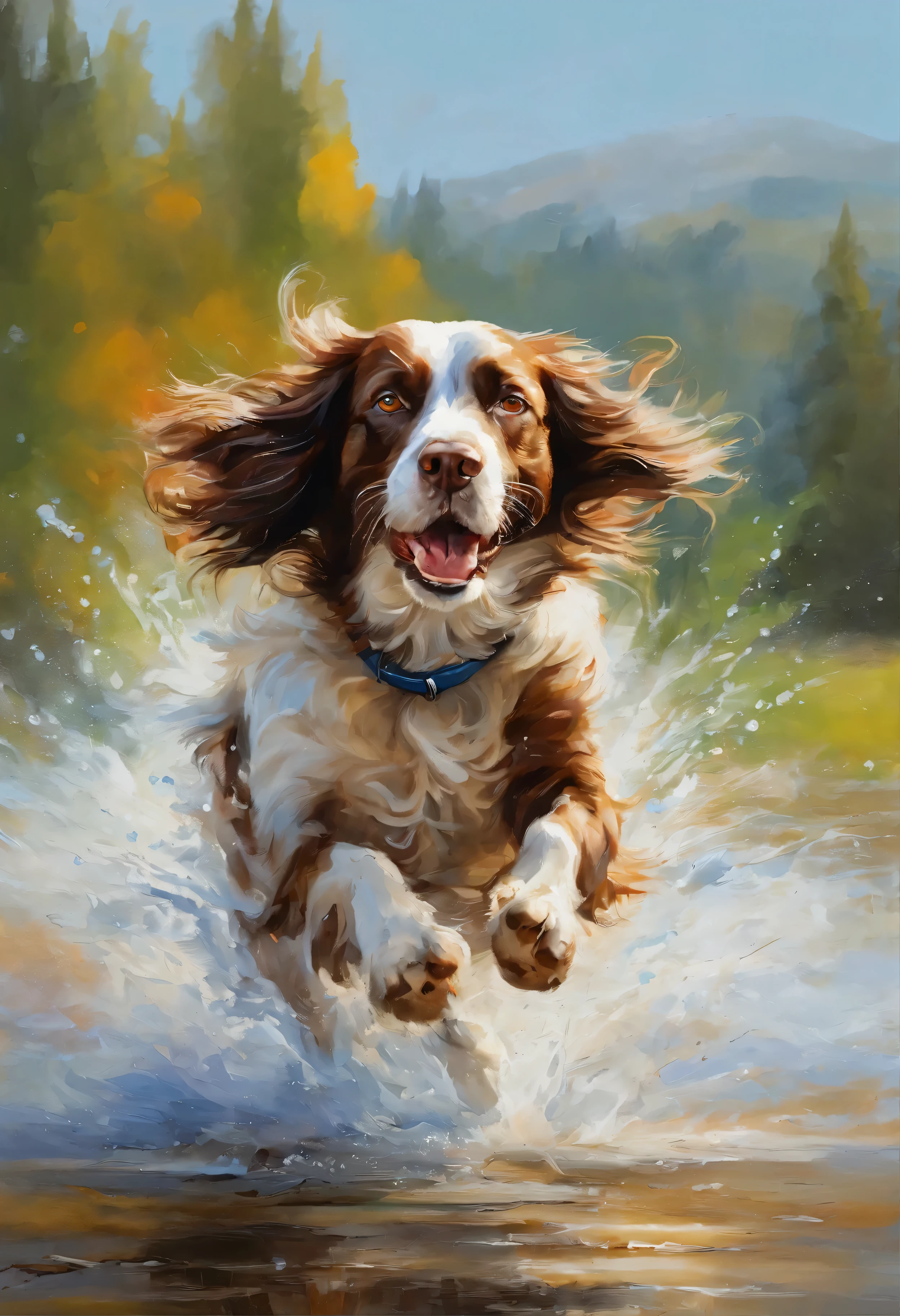 Springer spaniel runs across a field under a colorful rainbow, with fluffy clouds, scattered across the blue sky. dog&#39;the fur is depicted in great detail., capturing every strand and texture. The scene is bathed in soft, daylight, enhancing the bright colors of the rainbow. The atmosphere seems playful and carefree., как dog радостно прыгает сквозь брызги капель воды, Creating a sense of movement and energy. In the background, there is a feeling of distance, with hills and trees, place points on the landscape. dog&#39;The excitement is further emphasized by the man in this scene.., extend your arms for a warm hug. The entire image is made in a realistic and vivid style.., Looks like a masterpiece, with sharp focus and precise attention to detail.