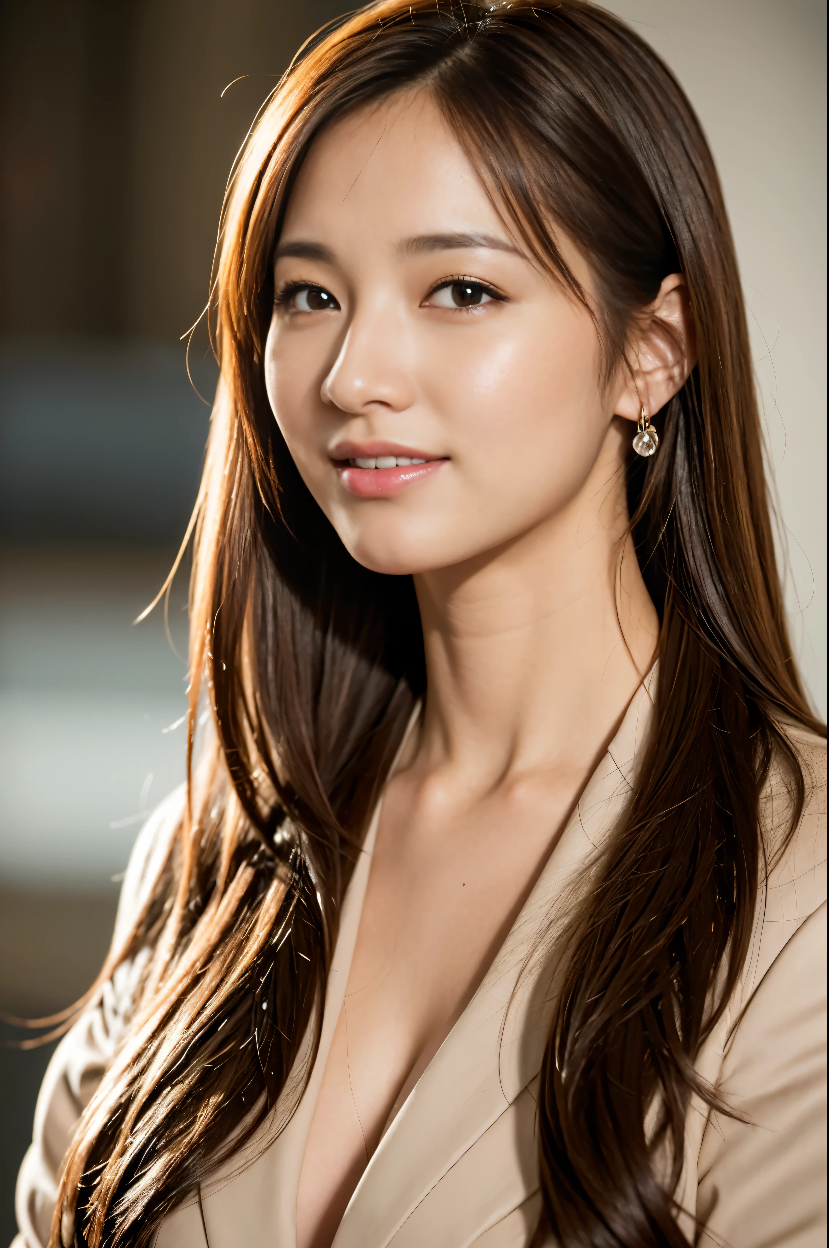 highest quality, realistic, Super detailed, finely, High resolution, 8k wallpaper, 1 beautiful woman,, light brown messy hair, wearing a business suit, sharp focus, perfect dynamic composition, finelyて美しい目, thin hair, Detailed and realistic skin texture, smile, model body shape、