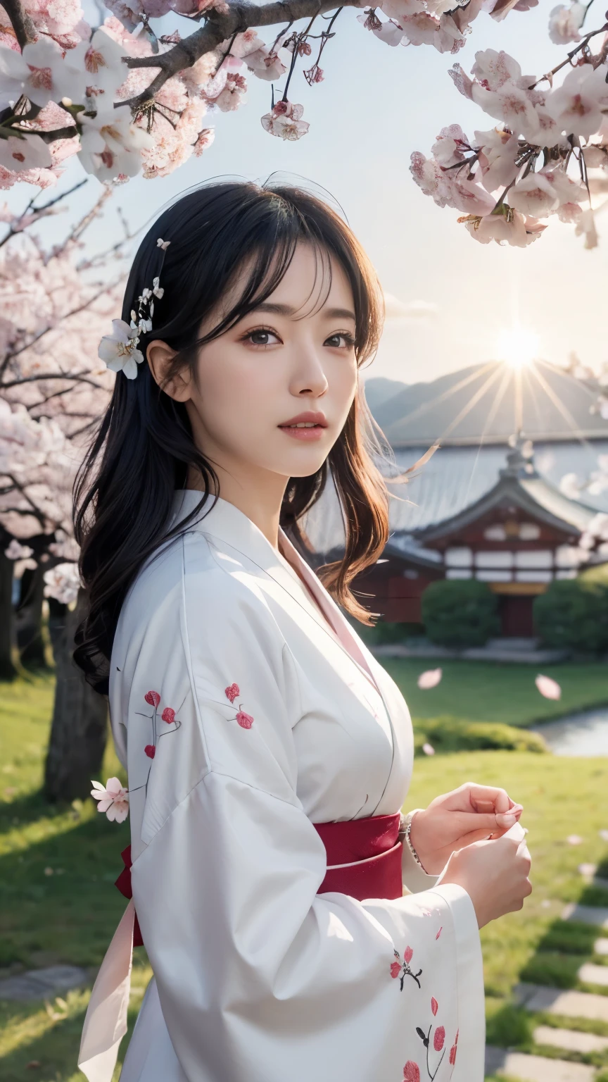 (logo、masterpiece、8k、table top、RAW photo、wonderful、最high quality、Photorealistic and hvery detailed CG integrated 8k wallpaper、high quality、very detailed、Narrative poem、particle effects、dynamic effects、Depth of written boundary、cinematic light、Lens flare、ray tracing)、fantasy、 (1 beautiful woman、white kimono、Japan Dresses、white cherry blossom pattern、White cherry blossom embroidery pattern、black haired、beautiful face、real face、beautiful details eyes beautiful skin)、Hair flutters in Wind、hair bounces、pink cherry tree、petals dance、SakuraFubuki、wonderful景色、sunrise、sun on background、Wind、god々、teeth、god話、vast land