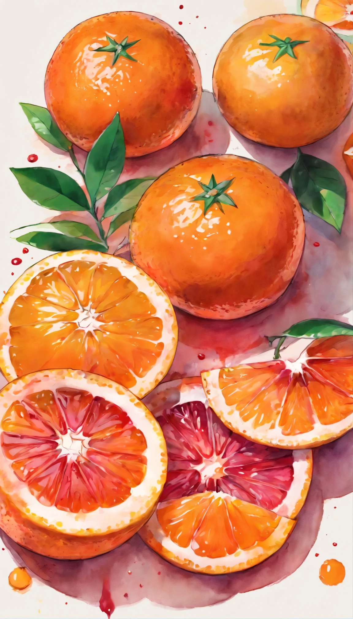 Cut blood orange,orange color,no characters，draw many,watercolor,sketch,flow,plant,those fruits,,Ripe blood orange blood orange peel,deep red,tangerine，unmanned，no humans