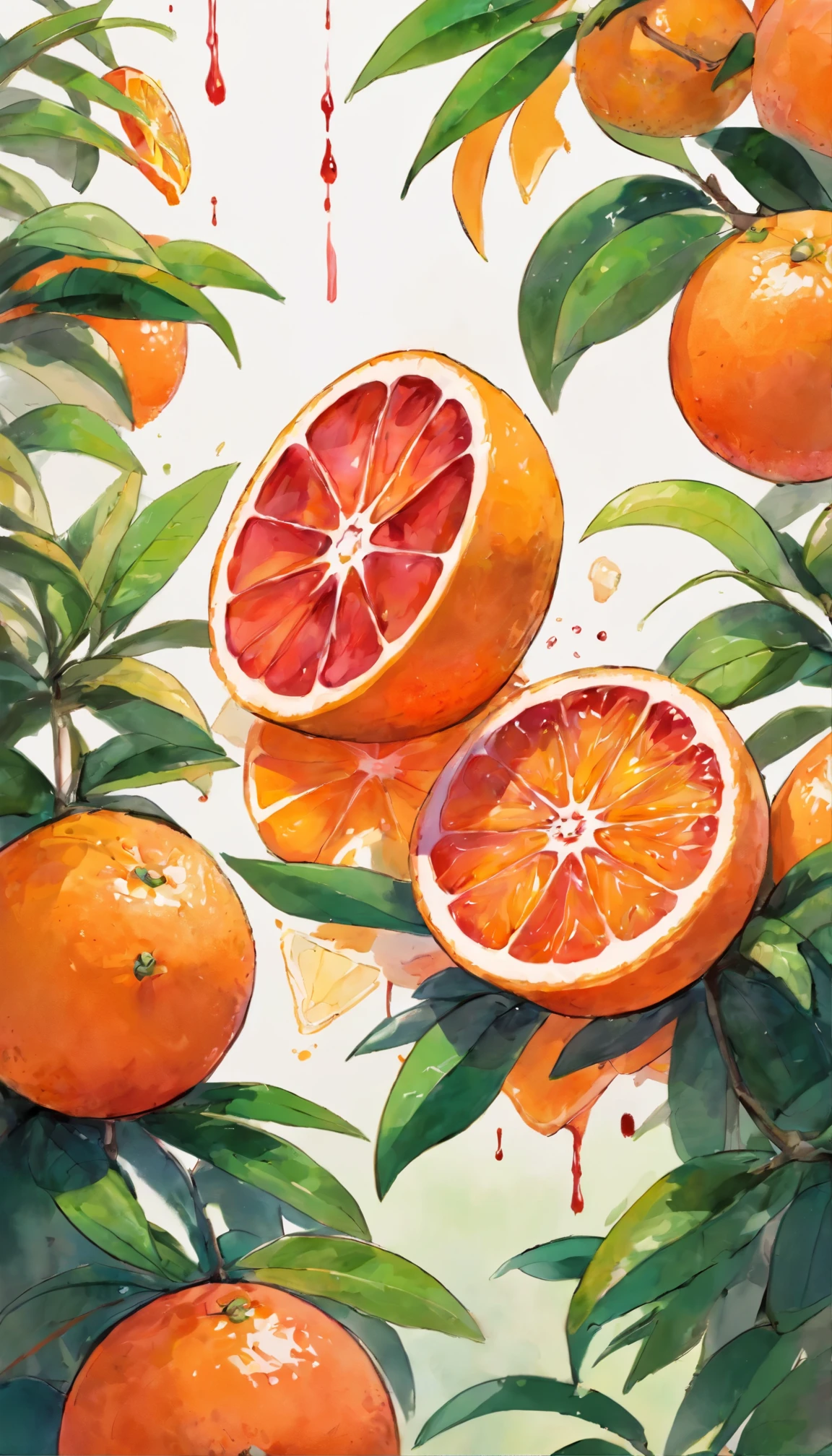 Cut blood orange,orange color,no characters,draw many,watercolor,sketch,flow,plant,those fruits,,Ripe blood orange blood orange peel,deep red,tangerine,unmanned,no humans