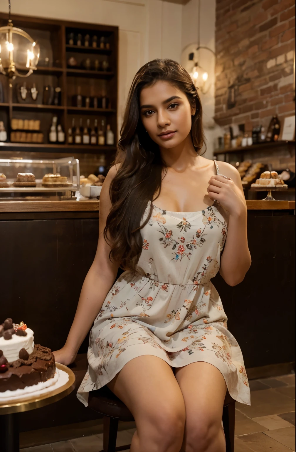 Portrait of A confident-looking indian princess with long flowing hair, hazel eyes, wearing a beautiful floral frock with high leather boots, sitting in a cafe and cake shop, eating a chocolate pastry cake, perfect composition, happy, hyperrealistic, super detailed, 8k, high quality, trending art, trending on artstation, sharp focus, studio photo, intricate details, highly detailed