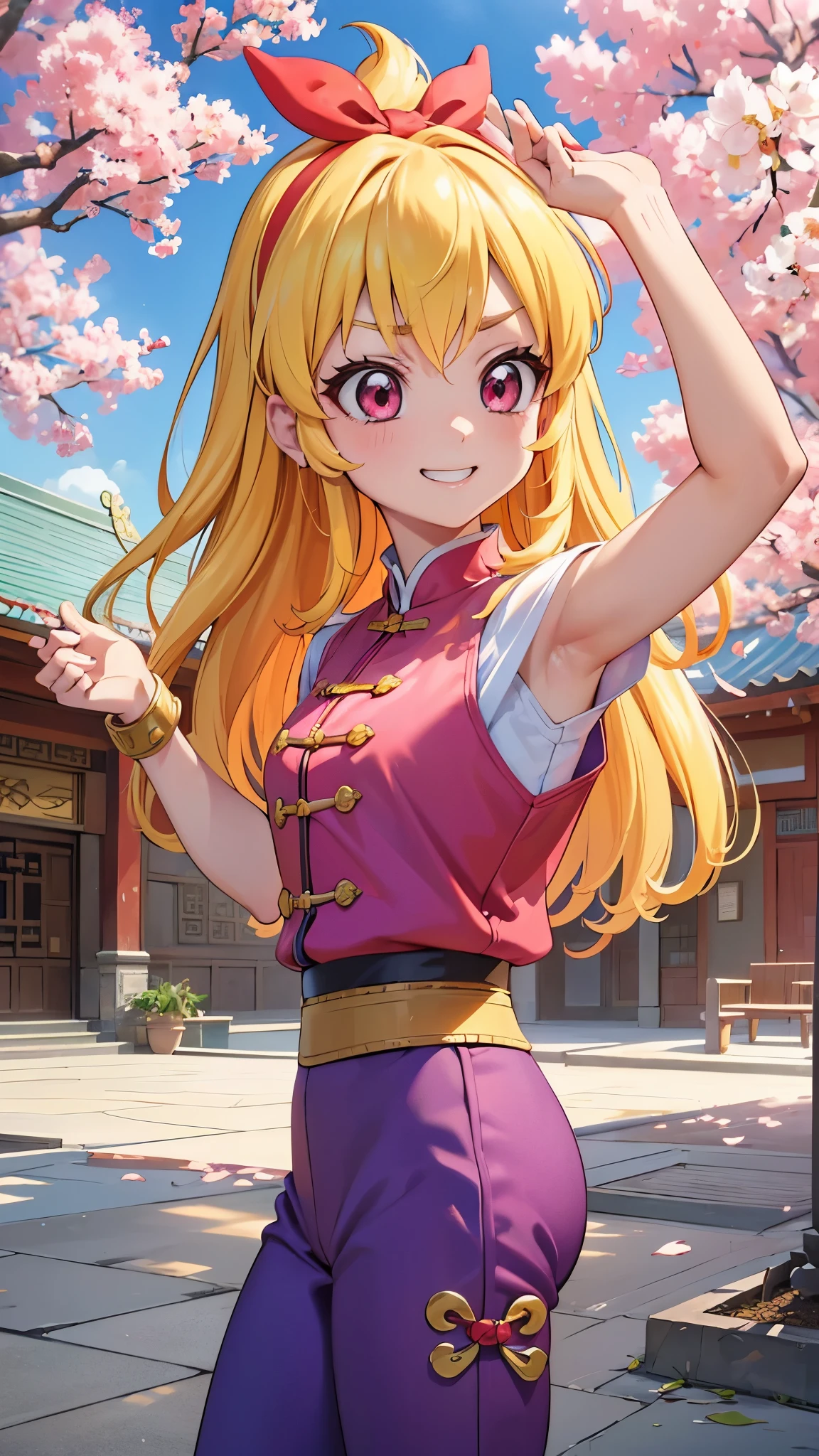 aikatsu,Blonde_HAIR,RED_HAIR_band,masterpiece,best quality,ultra-detailed,super detailed skin,an extremely delicate and beautiful,beautiful detailed eyes,,((Reference #Akira Toriyama)),((kawaii girl in Kung fu uniform)),(Kung fu pants),(grin),(dynamic pose),((deformed Kung Fu Girl)),(fighting stance),(super fine concept art),(metallic luster 4 6),(martial arts venue),(highly detailed background),(A cherry blossom forest filled with beautiful cherry blossoms),(caustics 1 0),(lens flare 1 0),(Super precise 9 9),(super high resolution 9 9),(extremely detailed 9 9),(caustics 4 9),(dynamic lighting 4 2),(lens flare 3 7),(depth of field 3 5),