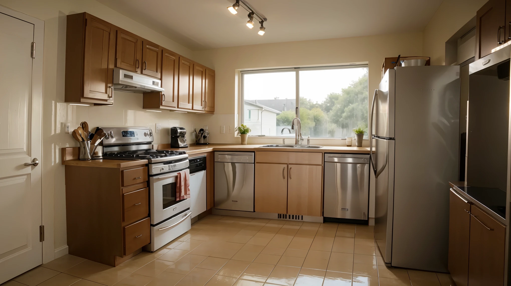 Half of the image below the kitchen table, half of the image above, view of the kitchen with gas faucet refrigerator