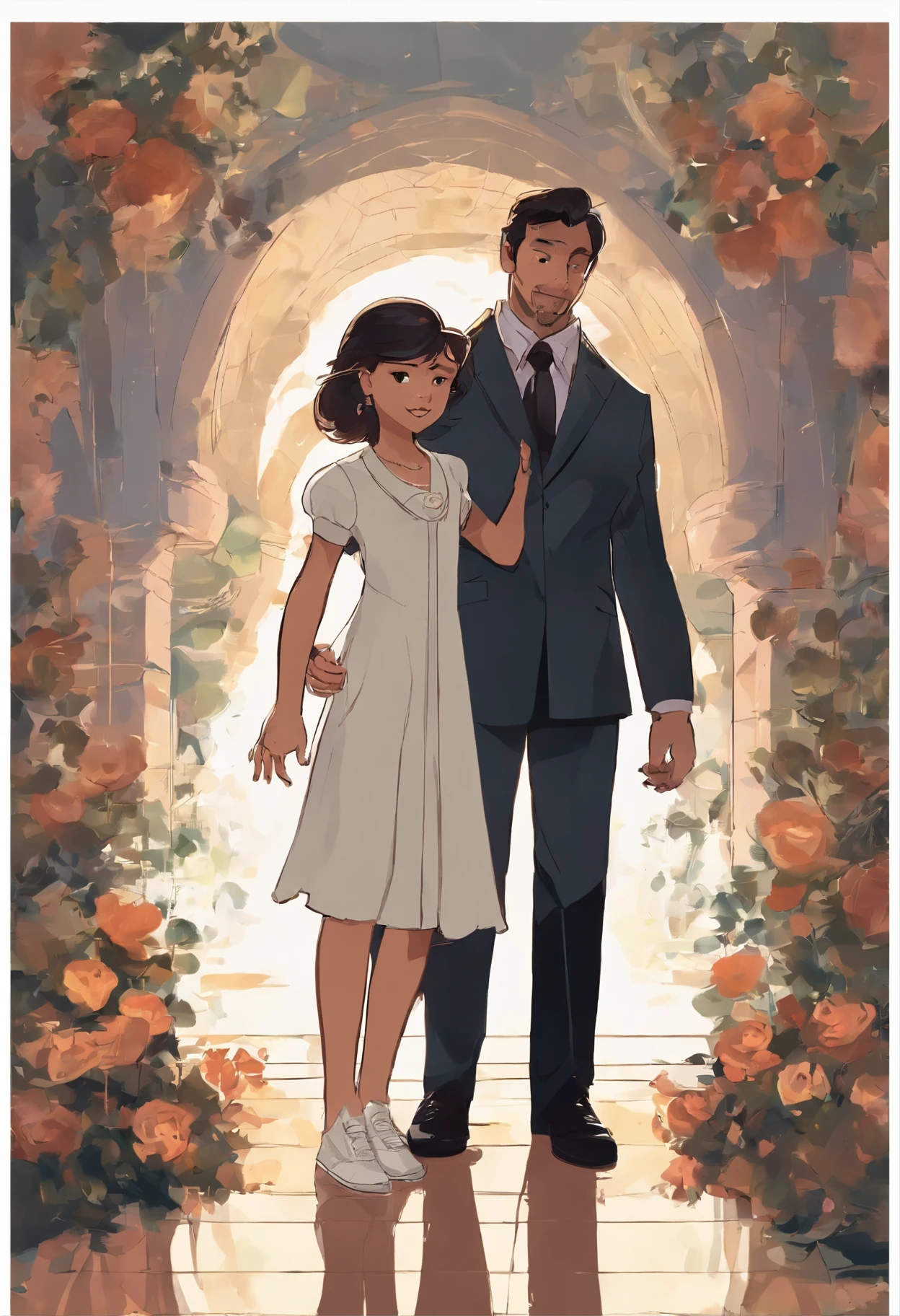 A disney,a family photo containing 4 people in a photo studio with a blue sky background. There is a woman around 23 years old sitting in a chair while holding a 6-year-old boy. The woman is wearing a black dress and the boy is wearing a black shirt and a black suit with a black tie, and white Nike running shoes. Behind them, there is a man wearing a complete suit similar to the boy's, and the man is carrying a 3-year-old girl. The man has a sturdy build and is 172cm tall. His hand is holding the woman's shoulder while she is holding his hand, and they both wear wedding rings on their fingers.